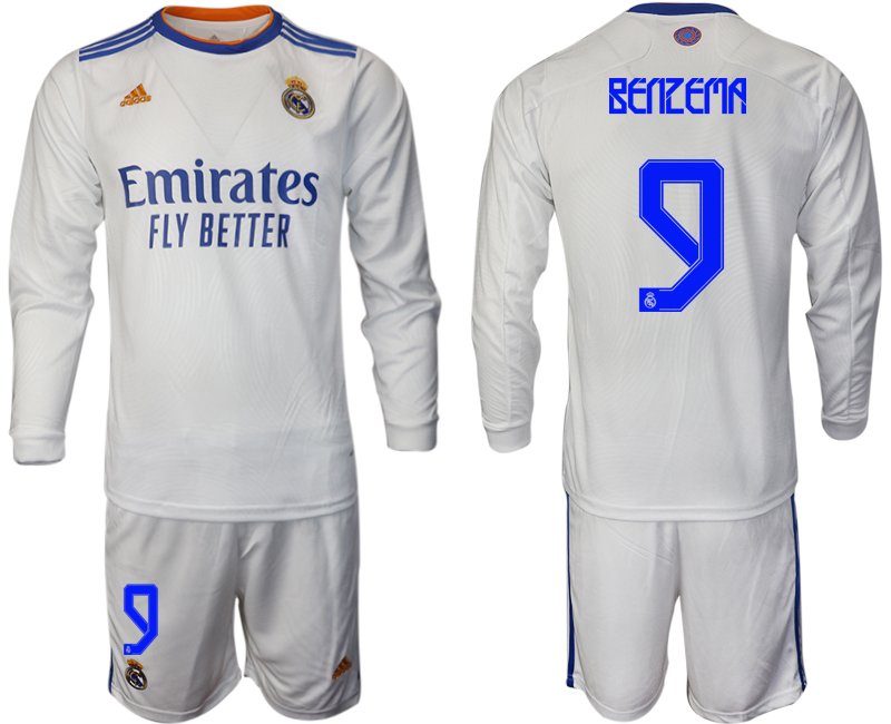 Men 2021-2022 Club Real Madrid home white Long Sleeve #9 Soccer Jersey